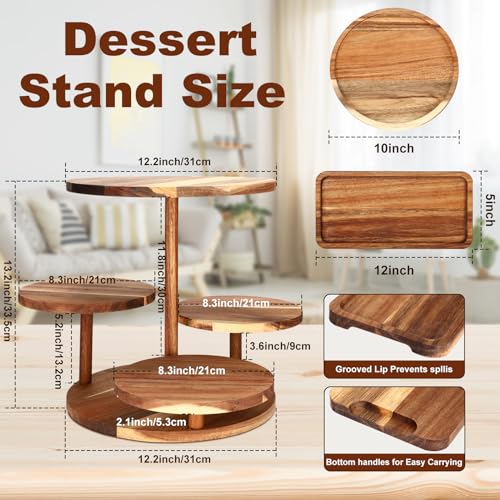 Hushee 4 Pcs Wood Round Cupcake Tower Stand with Serving Platters Trays Set, 4 Tier Wooden Cake Stand Tray with 1 Round Dinner Plate 2 Rectangular Plates for Dessert Snack Party(Brown)