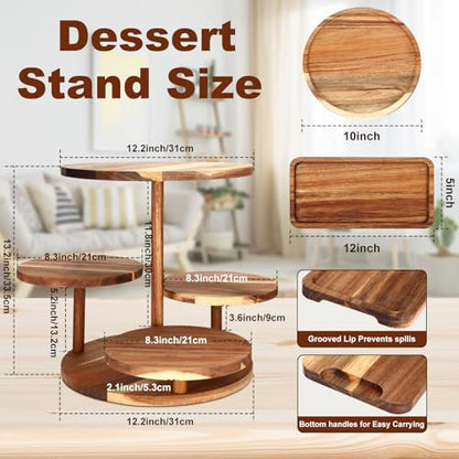 Hushee 4 Pcs Wood Round Cupcake Tower Stand with Serving Platters Trays Set, 4 Tier Wooden Cake Stand Tray with 1 Round Dinner Plate 2 Rectangular Plates for Dessert Snack Party(Brown)