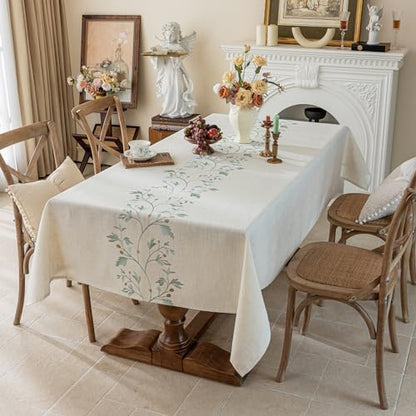 Joyfol Day Rustic Waterproof Linen Tablecloth, Heavy Weight Beige Embroidery Table Cloths for Rectangle Tables, Burlap Farmhouse Table Covers (Green Leaves, 55''x 102'') - color: Green, size: 102" x 55" (Rectangular)