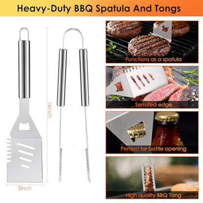 Yoehka BBQ Grilling Accessories Set, 34Pcs Heavy Duty Grill Tools, Silver | For Outdoor Camping, Grilling Gifts for Dad Men, Fathers Day, Stainless Steel Barbecue Utensils Kit, Includes Mats and Glove - style: Sliver handle