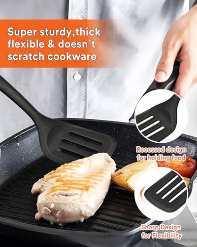 Kitchen Utensils Set, 13PCS Silicone Cooking Utensils, Heat Resistant Kitchen Utensil Spatula Set for Nonstick Cookware, Wooden Handles Kitchen Gadgets Tools Set - color: Black
