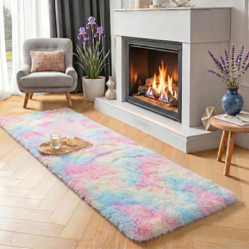 Rainbow Runner Rugs for Girls Bedroom Plush Fluffy Hallway Rug 2x6 Ft | Kawaii Vibrant Carpet for Living Room, Non-Slip Indoor Princess Rugs for Nursery Kids Girls Room Home Decor Cute Colorful - color: 1- Rainbow, size: 2' x 6' (Runner)