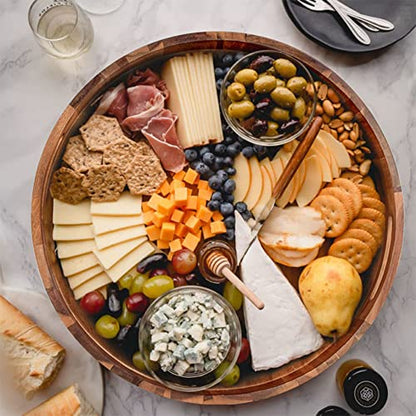 Round Wood Serving Trays Set of 2, Ottoman Tray Rustic Acacia Wooden Trays with Handles, Nesting Circle Tray with 4 Coasters for Coffee Table Living Room Bathroom Bedroom Party - color: 15.75"+13.78" Round Tray - Acacia