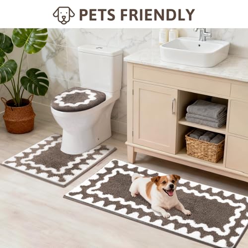 Findosom Bathroom Rugs Sets 5 Piece, Absorbent Soft Non-Slip Bath Rug Set | Washable Microfiber Shaggy Bath Mat Set with Bathroom Runner Rug, U-Shaped Toilet Rugs, Shower Rug & Toilet Lid Cover, Brown - color: Brown & White, size: 18"x26"+20"x32"+20"x48"+