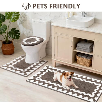 Findosom Bathroom Rugs Sets 5 Piece, Absorbent Soft Non-Slip Bath Rug Set | Washable Microfiber Shaggy Bath Mat Set with Bathroom Runner Rug, U-Shaped Toilet Rugs, Shower Rug & Toilet Lid Cover, Brown - color: Brown & White, size: 18"x26"+20"x32"+20"x48"+