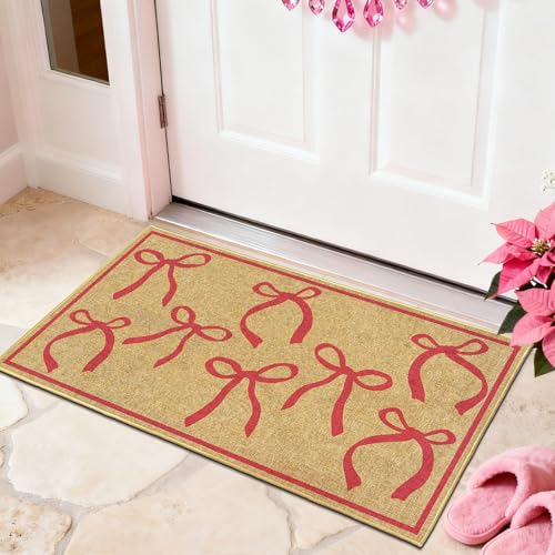 Pink Bow Mats Ourdoor Welcome Mat for Inside Outside Entrance Kitchen Rugs - color: Pink Bowtie