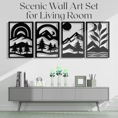 GALLERY GRACE 4-Pc Metal Mountain Landscape Wall Art, Black Wall Decor Set | 11 x 16 In Panels, Mountain, Tree and Sunrise Design, Minimalist Abstract Style, Ready to Hang, for Living Room or Bedroom - style: Abstract Landscape