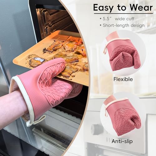 Silicone Oven Mitts Heat Resistant, Short Mini Baking Gloves with Cotton Liner for Normal & Small Hnads, 1 Pair Red