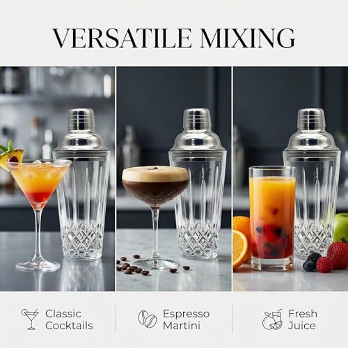 Cut Crystal Glass Cocktail Shaker - 15oz Lead-Free Crystal Shaker with Steel Strainer Lid - Premium Barware for Home Bartenders - Ideal for Mocktail, Espresso, Margarita, Martini Cocktails - color: Vertical Cut