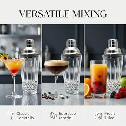 Cut Crystal Glass Cocktail Shaker - 15oz Lead-Free Crystal Shaker with Steel Strainer Lid - Premium Barware for Home Bartenders - Ideal for Mocktail, Espresso, Margarita, Martini Cocktails - color: Vertical Cut