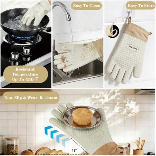 Silicone Oven Gloves with Fingers Heat Resistant 450°F in Kitchen | 1Pair Silicone Oven Mitts, Waterproof, Non-Slip, Extended Cuff Cotton Lined Kitchen Mitts for Baking Cooking Barbecue(White) - style: white