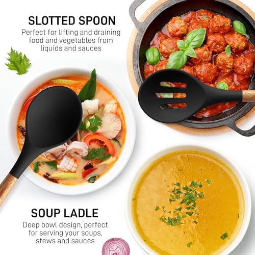 Zulay Kitchen 5 Piece Silicone Utensil Set | Non-Stick Silicone Cooking Utensils Set with Acacia Wood Handles - 464°F Heat Resistance Kitchen Utensils Set - Black - color: Black, size: 5-Piece Set