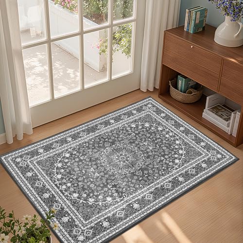 2 x 3 Entryway Rug, Machine Washable Boho Indoor Mat, Grey White | Soft Faux Wool Low Pile for Kitchen Bathroom Bedside, Floral Medallion Vintage Indoor Outdoor Rugs with Non-Slip Backing - color: Grey White, size: 2' x 3' (Rectangular)