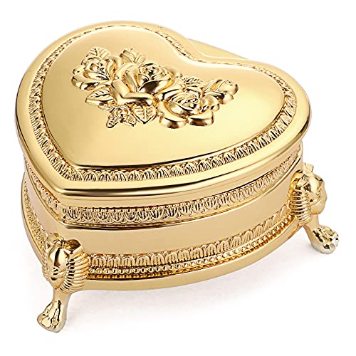 Hipiwe Vintage Metal Jewelry Box with Antique Rose Carved Small Heart Shape | Gold Trinket Organizer Boxes Earrings Rings Necklace Bracelet Storage Holder, Keepsake Gift Box for Women - color: Gold, size: Small