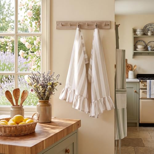 Brown Striped Kitchen Towels Set of 2, 100% Cotton Ruffled Striped Dish Towels 18"x31" Absorbent Tea Cloths Classic Pattern for Farmhouse Charm, Drying Dishes, Entertaining Guests - color: Brown