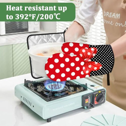 Red Black Polka Dot Bow Oven Mitts and Pot Holders Sets 4 Pcs Silicone Kitchen Gloves Heat Resistant Potholders for Baking Grilling BBQ - color: Polka Bow