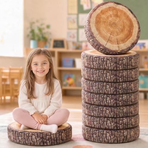Floor Cushions For Kids 8Pack, Round Flexible Classroom Seating, 15 inch | Tree Stump Floor Pillows For Elementary, Daycare & Reading Nook, Removable Machine Washable Cover, Safe Sitting Pillow - color: Natural Wood, size: 8 Piece Set