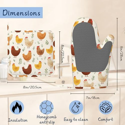 Kitchen Mitts Set,Farmhouse Chicken Oven Mitts and Pot Holders Sets,Thick Cotton Heat Resistant Rustic Hot Pan Holder Extra Long Cooking Mitts for Cooking Baking Grilling BBQ Bakeries - color: Farmhouse Chicken