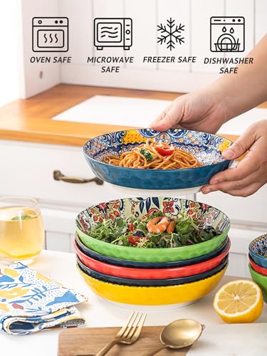 HENXFEN LEAD Pasta Salad Bowls Set of 6, Wide and Shallow Serving Bowls for Kitchen 32 Oz - 8 Inch Porcelain Soup Bowl, Pasta Plates Dishwasher & Microwave Safe - Bohemian style | Assorted Patterns, 8 Inch Pasta Plates with Wide and Shallow Design, Microw