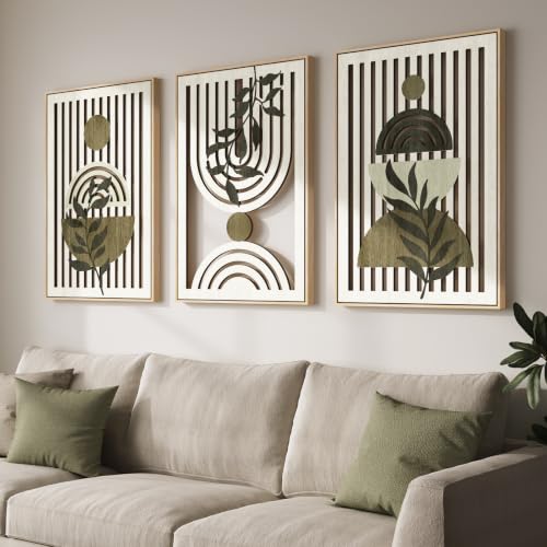 Framed Boho Wood Wall Art Decor for Living Room, 3 Piece Cutout Carved Wooden Artwork for Walls, Large Modern Minimalist Neutral Olive Green Painting for Bedroom Hallway Wall Decor, 24x36 Inch - color: Olive Green