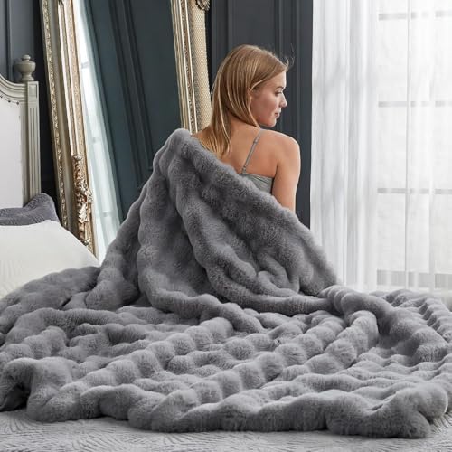 Cozy Bliss Faux Fur Throw Blanket for Couch, Fuzzy Soft Plush Thick Bubble Blanket for Sofa Bedroom Living Room, 60 * 80 Inches Light Grey - color: Grey, size: Twin(60" x 80")