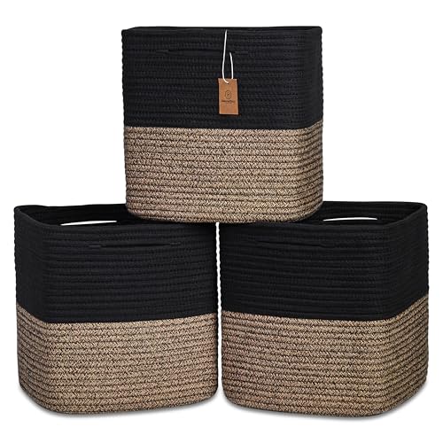 NaturalCozy 13 Inch Cube Storage Bins Cotton Rope Woven Baskets for Organizing 3-Pack | 13 x 13 Storage Cubes | Fabric Square Storage Baskets for Shelves Organizer, Kids Toy Bins, Closet Baby Nursery - color: Black & Mixed Black, size: 13 x 13 x 13 (Stand