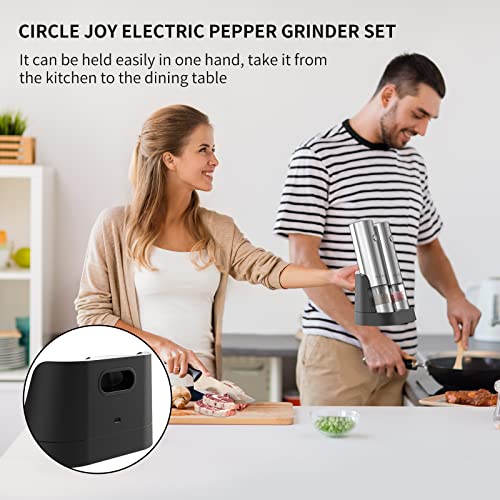 CIRCLE JOY Electric Salt and Pepper Grinder Set Stainless Steel Spice Grinder Automatic Pepper Mills with Easy-to-Carry Dual Charging Station, White Led Light, and Adjustable Coarseness, Silver - color: Upgrade Silver