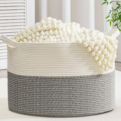 XXXLarge Woven Cotton Rope Basket (21.7" x 13.8") 90L – Blanket Basket for Living Room, Laundry Hamper, Baby Laundry Hamper, Toy Storage, Pillows & Cushions Organizer (White&Grey) - color: White&Grey