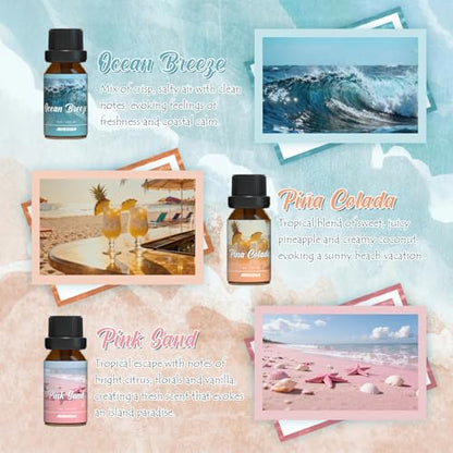 ARVIDSSON Summer Essential Oils Set, Tropical Fragrance Oil for Diffuser, Soap and Candle Making - Ocean Breeze, Pina Colada, Fresh Cotton, Pink Sand, Plumeria, Coconut, Scented Oil for Home - color: Light Blue