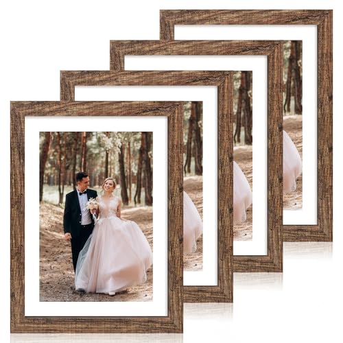 iRahmen 10x14 Picture Frame Set of 4 with Tempered Glass, Rustic Frame Display 8x12 Pictures with Mat or 10 x 14 Without Mat, Wooden Photo Frames for Wall Mounting - color: Brown, size: 10X14