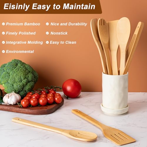 Eisinly Wooden Spoons for Cooking 7-Piece, Kitchen Nonstick Bamboo Cooking Utensils Set, Durability Wooden Spatula Spoon for Everyday Use, Smooth Edge - color: Yellow-Bamboo, style: Smooth-edge