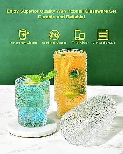 ISMASOAN Hobnail Drinking Glasses Set of 12, Stackable Glasses 12 oz & 7 oz | Beaded Drinking Glasses with vintage bubble texture. Gift-ready highball cups for water, juice, cocktails and everyday drinks - style: Stackable Dewdrop Surface