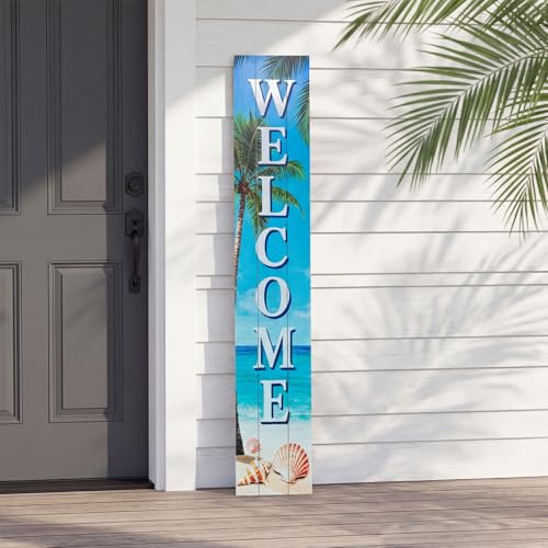 Vertical Wood Welcome Sign for Front Porch Vertical Decorative Sign Front Door Outdoor Indoor Welcome Sign 47.2x7.8 Inch Beach Shell Outdoor Decor for Welcome Front Porch Decorations. - color: blue