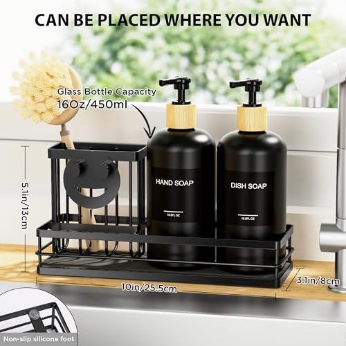 Moforoco Kitchen Dish Soap Dispenser Set, 16OZ Glass Bottle, Hand and Dish Soap Dispenser Set, Instant Dry Tray, Brush Holder with Smiley Face Sponge Holder (Black Tray+Black Bottle+Labels) - color: Black Tray+black Bottle+labels