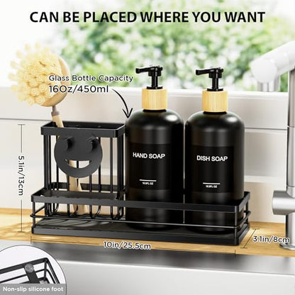 Moforoco Kitchen Dish Soap Dispenser Set, 16OZ Glass Bottle, Hand and Dish Soap Dispenser Set, Instant Dry Tray, Brush Holder with Smiley Face Sponge Holder (Black Tray+Black Bottle+Labels) - color: Black Tray+black Bottle+labels