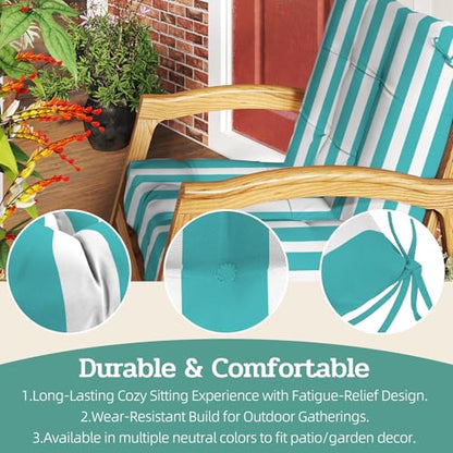 Outdoor Chair Cushions 42x21x4 Inch Set of 2, Lake Blue Stripe | Patio Cushions for Dining Rocking Chairs, High Back Soft Seat Pad with Ties, Waterproof Fade Resistant, Indoor Outside Use - color: Lake Blue White Stripes