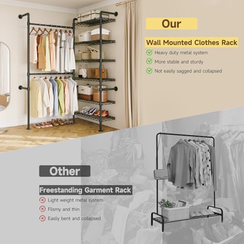 L2 Wall Mounted Closet System, Industrial Pipe Clothing Rack, Black | Metal Clothes Rack with 2 Telescopic Rods & 6 Shelves, Heavy Duty Closet Organizers for Wardrobe, Reach-in & Walk-in Closets - color: Black
