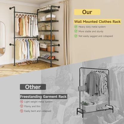 L2 Wall Mounted Closet System, Industrial Pipe Clothing Rack, Black | Metal Clothes Rack with 2 Telescopic Rods & 6 Shelves, Heavy Duty Closet Organizers for Wardrobe, Reach-in & Walk-in Closets - color: Black