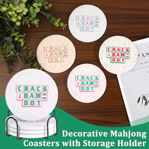 Drink Coasters Set of 4, Decorative and Absorbent Table Coaster with Holder | Funny Mahjong Pattern, 4 Inch Universal Fit, Round Ceramic Coaster, Non-Slip, Table Protection, Mahjong Accessories and Gifts - size: 4x4 in (Style 2)