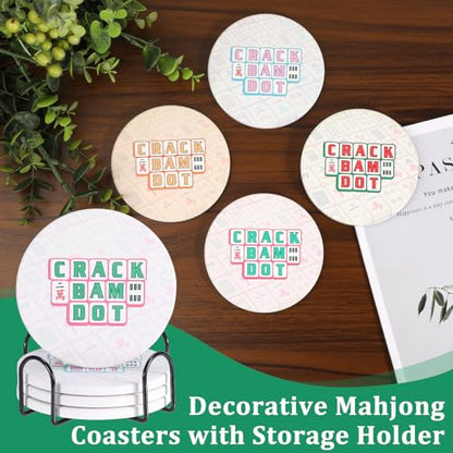 Drink Coasters Set of 4, Decorative and Absorbent Table Coaster with Holder | Funny Mahjong Pattern, 4 Inch Universal Fit, Round Ceramic Coaster, Non-Slip, Table Protection, Mahjong Accessories and Gifts - size: 4x4 in (Style 2)