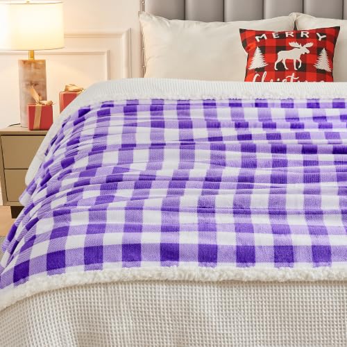 BEAUTEX Christmas Sherpa Fleece Throw Blanket Soft Warm Buffalo Plaid | Plush Blanket & Throw, Winter Cozy Fuzzy for Couch, Sofa, Bed (Purple, 50" x 60") - color: Purple, size: Throw-50"x60"