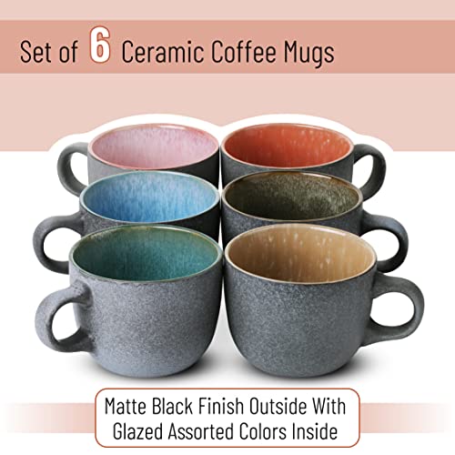 BTaT- Porcelain Coffee Mugs Set, 14 oz (415 ml), 6 Pack, Ceramic Coffee Mugs, Matte Black Outside and Colorful Inside, Restaurant Cups for Tea, Cappuccino, Cocoa, Cereal, Mug Gift Set, Dishwasher Safe - color: Matte Black
