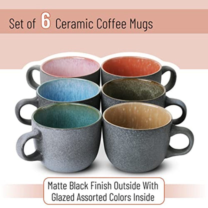 BTaT- Porcelain Coffee Mugs Set, 14 oz (415 ml), 6 Pack, Ceramic Coffee Mugs, Matte Black Outside and Colorful Inside, Restaurant Cups for Tea, Cappuccino, Cocoa, Cereal, Mug Gift Set, Dishwasher Safe - color: Matte Black