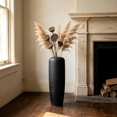Black Rustic Ceramic Floor Vase, 24 Inch, Ribbed Texture | Living Room, Entryway, Fireplace, Pampas Grass, Dried Branches - size: 23.6 Inch