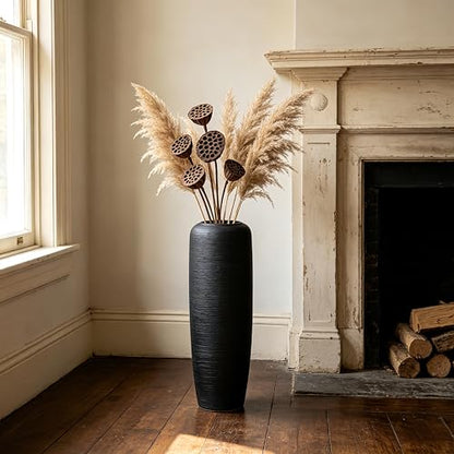 Black Rustic Ceramic Floor Vase, 24 Inch, Ribbed Texture | Living Room, Entryway, Fireplace, Pampas Grass, Dried Branches - size: 23.6 Inch
