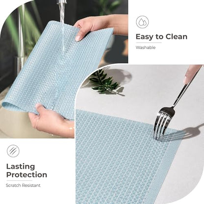 Leetaltree Woven Vinyl Placemats Set of 4, Mist Blue Sequin | Waterproof & Washable Dining Table Mats for Wedding, Anniversary, Daily Use, Hand-Cut, Easy to Clean - color: 00- Mist Blue Sequin, size: Set of 4