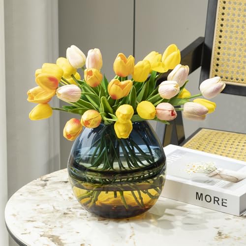 Glass Handmade Decorative Vase Ombre Centerpiece Vase with Yellow Base, Flower Vase for Home Decoration (Low vase) - size: low vase