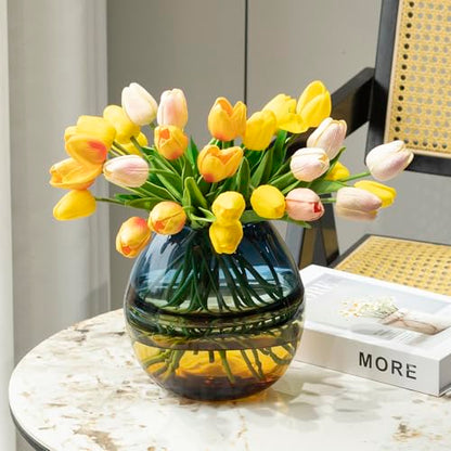 Glass Handmade Decorative Vase Ombre Centerpiece Vase with Yellow Base, Flower Vase for Home Decoration (Low vase) - size: low vase