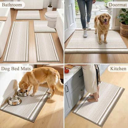 HEBE Chenille Bathroom Rugs Sets 3 Piece, Non Slip Washable Bath Mats Set | Absorbent Bathroom Mat Set, Soft Bath Rugs, Ultra Plush Bath Mat and U-Shaped Contour Toilet Rug Set for Tub Shower, Beige - color: Beige