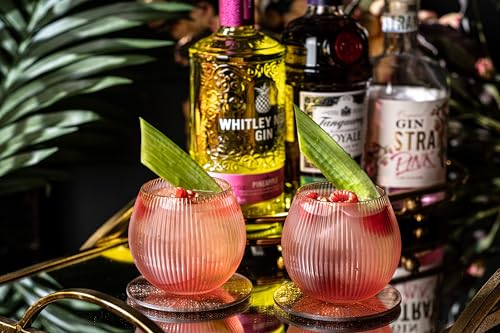 GLASSIQUE CADEAU Vintage Blush Pink Art Deco Gin and Tonic Glasses with Gold Rims | Set of 4 | 13.5 oz Stemless Crystal Balloons for Drinking Gin Cocktails | Retro Gift Goblets for Gin Lovers